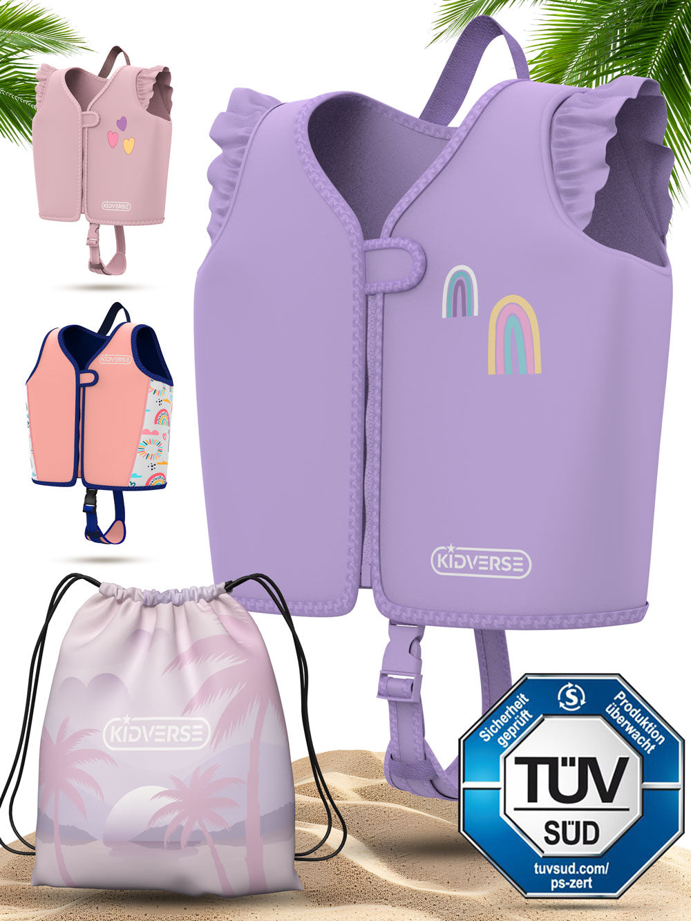 Kinderschwimmweste für Mädchen von 2-6 Jahren in Lila mit einem Regenbogen Motiv