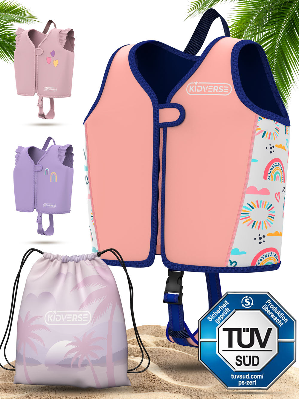 Kinderschwimmweste für Mädchen von 2-6 Jahren in Rosa und Weiß mit Einhorn Motiv