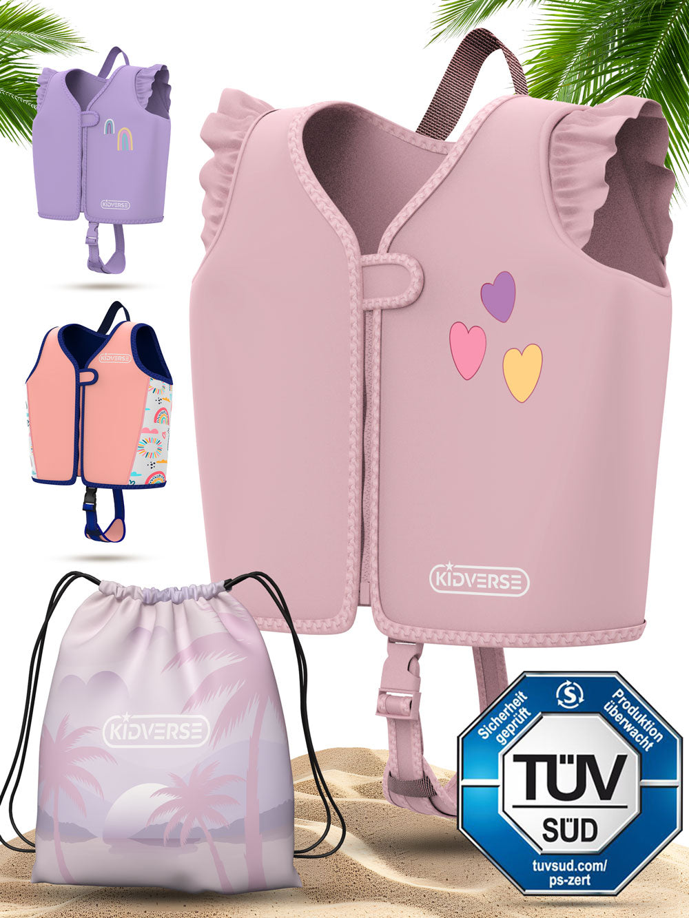 Kinderschwimmweste für Mädchen von 2-6 Jahren in Rosa mit Herz Muster