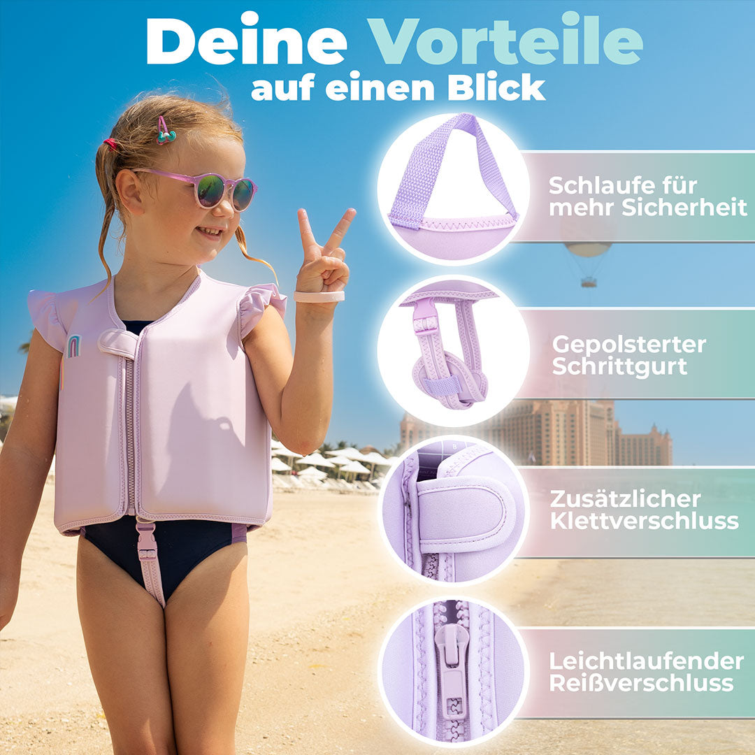Lächelndes Kind am Strand mit einer Kinderschwimmweste mit der Überschrift Deine Vorteile auf einen Blick. Schlaufe für mehr Sicherheit, Gepolsterter Schrittgurt, Zusätzlicher Klettverschluss und Leichtlaufender Reißverschluss