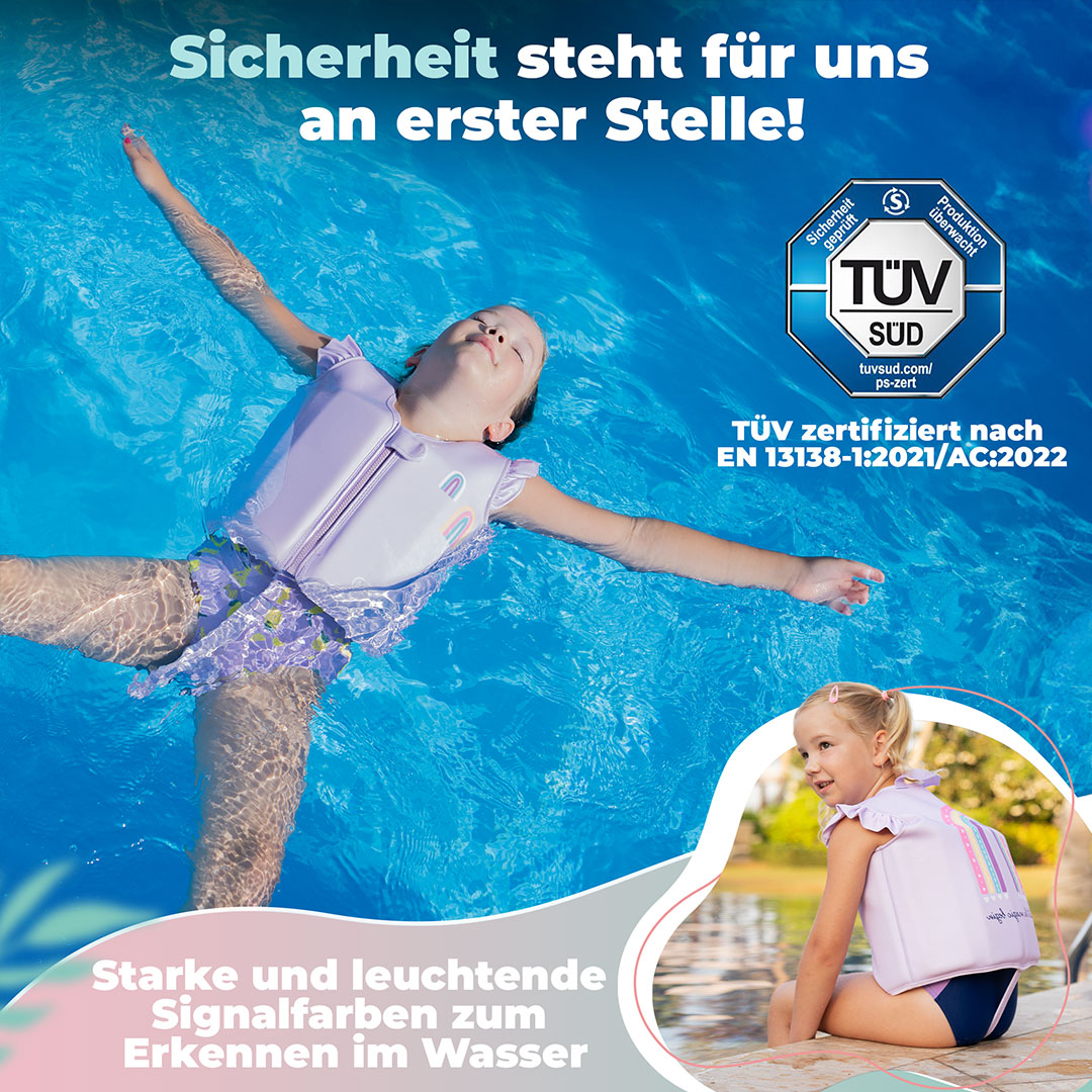Kind im Pool mit der Überschrift Sicherheit steht für uns an erster Stelle. TÜV zertifiziert nach EN13138-1:2021/AC:2022. Starke und leuchtende Signalfarben zum erkennen im Wasser