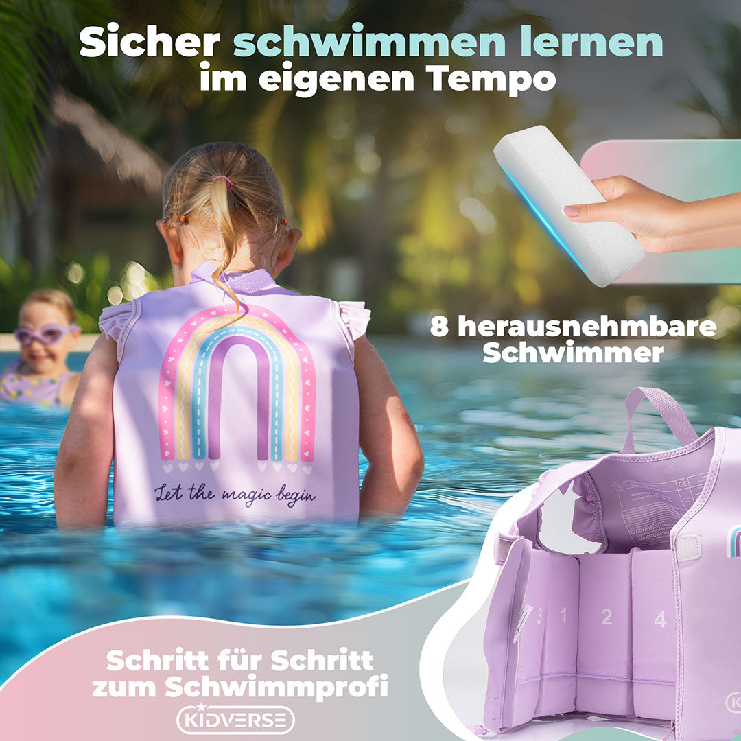 Kind im Pool mit dem Text: Sicher schwimmen lernen im eigenen Tempo. 8 herausnehmbare Schwimmer. Schritt für Schritt zum Schwimmprofi
