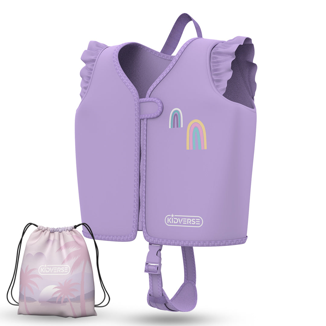 Kinderschwimmweste für Mädchen von 2-6 Jahren in Lila mit einem Regenbogen Motiv