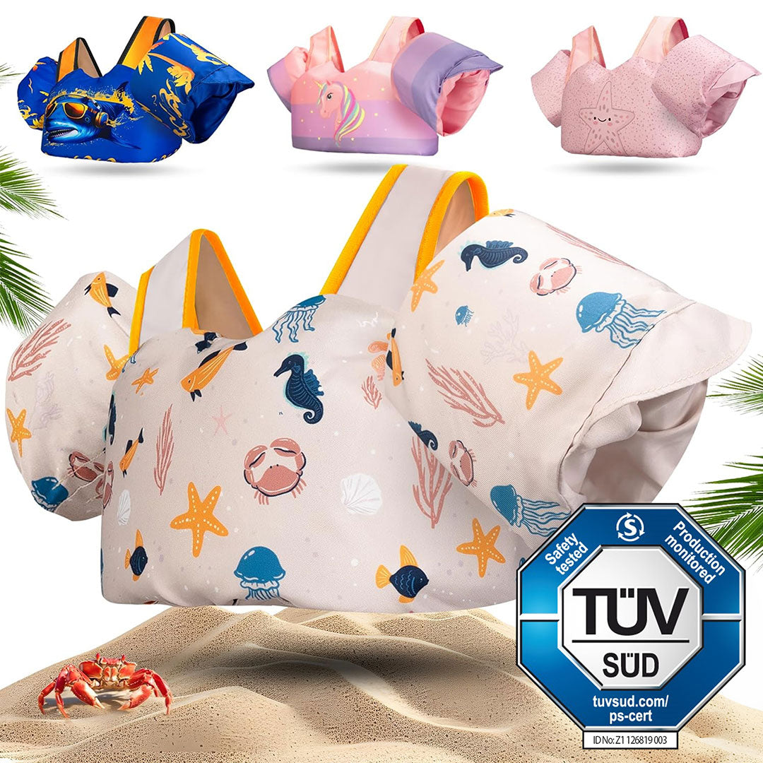 Schwimmweste mit Schwimmflügel für Kinder in beige mit Meeresmotiven