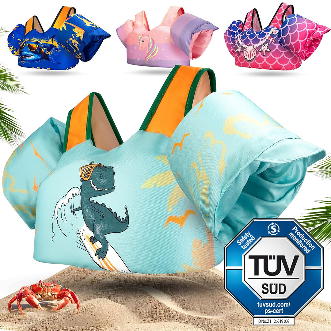 Schwimmweste mit Schwimmflügel für Kinder in Grün mit Dino Muster
