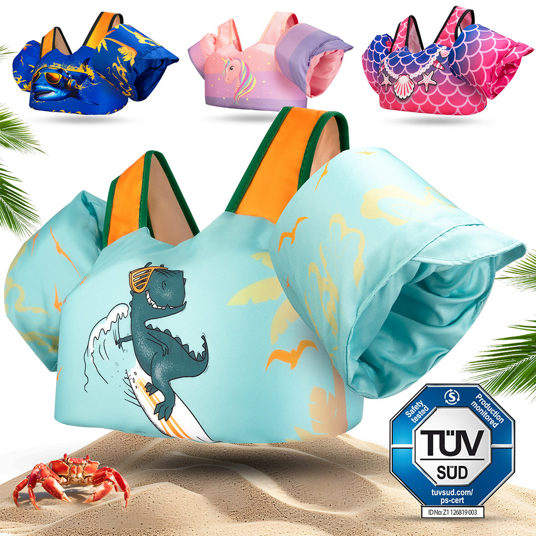 Schwimmweste mit Schwimmflügel für Kinder in Grün mit Dino Muster