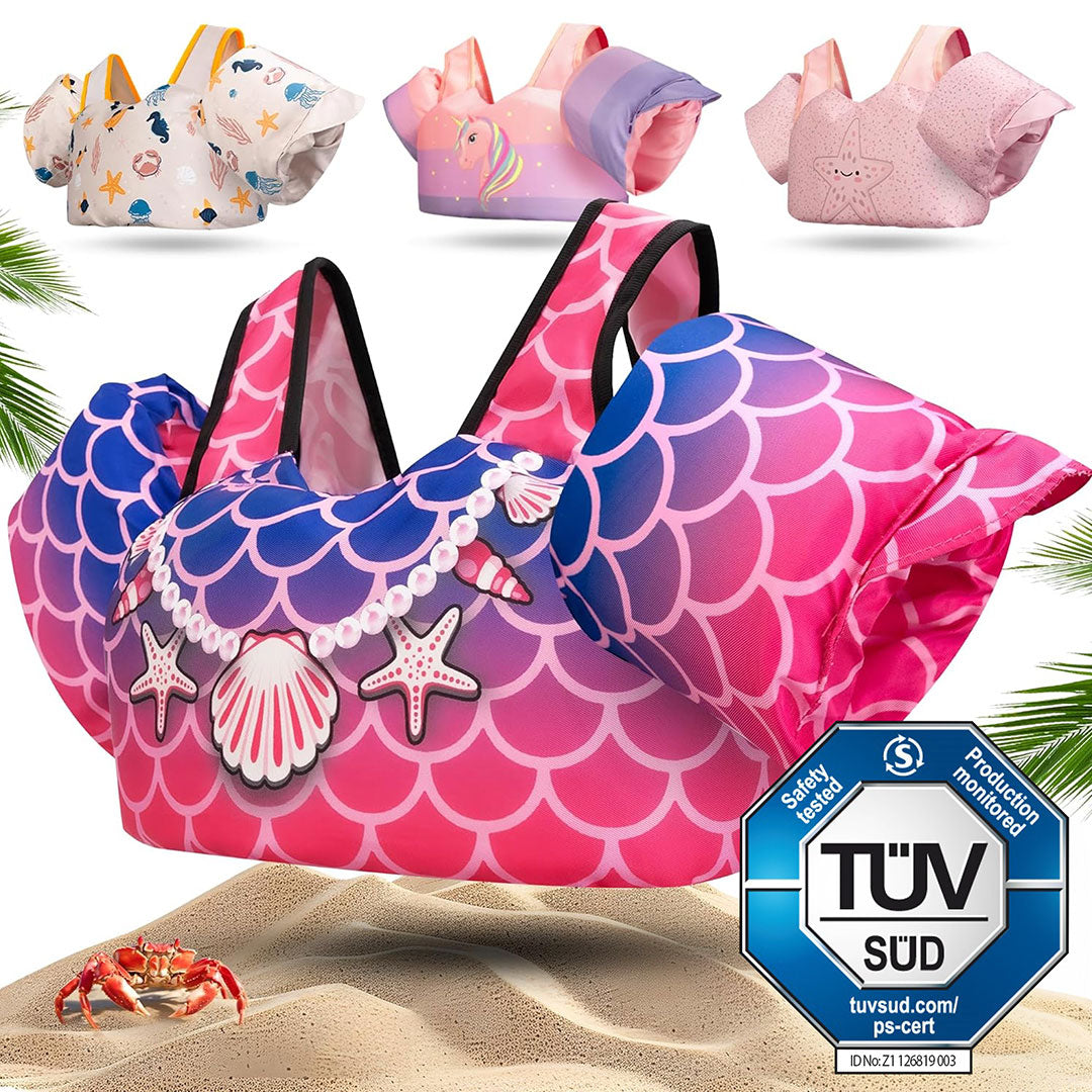 Kinder-Schwimmweste mit integrierten Schwimmflügeln in pink mit Muschel Muster
