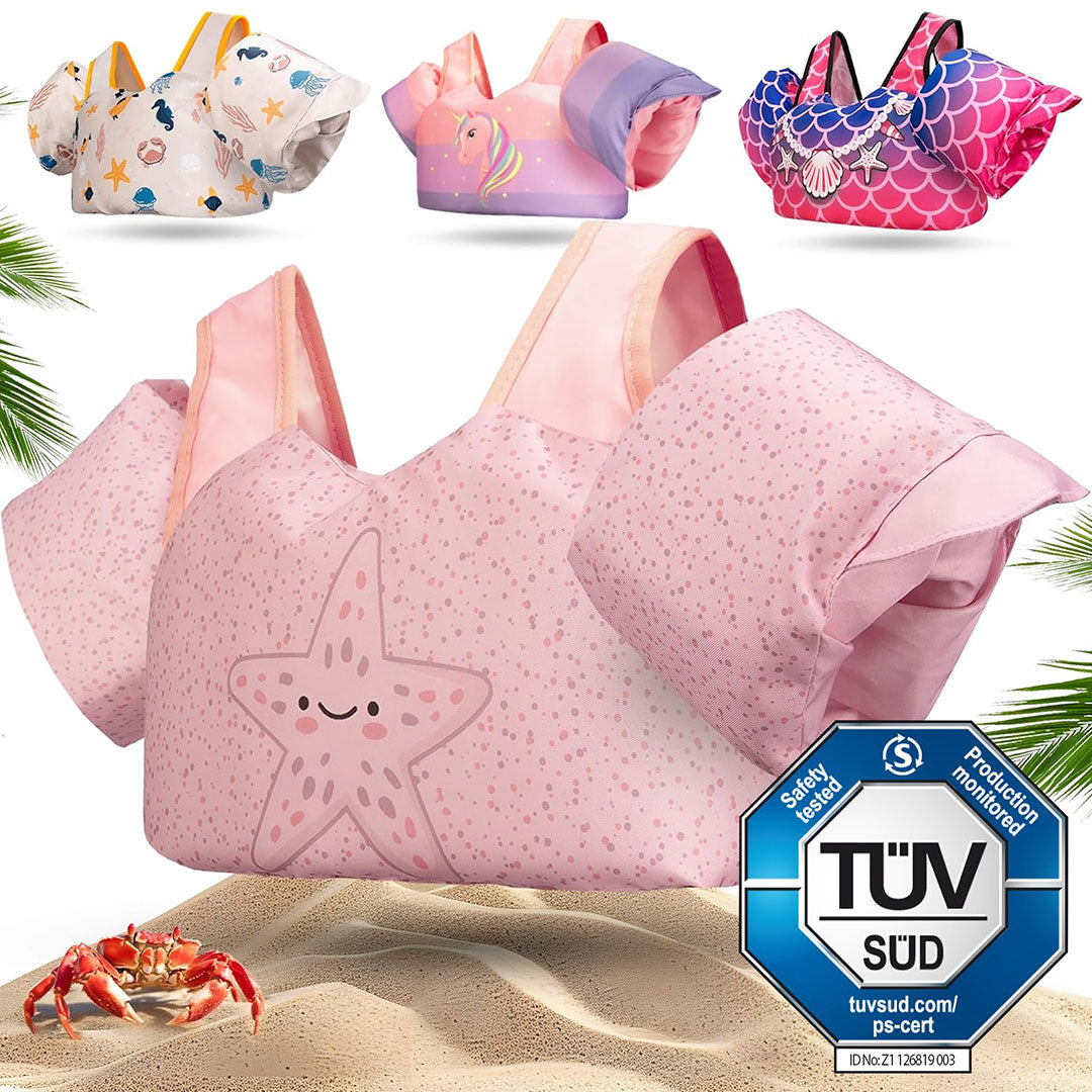 Kinder-Schwimmweste mit integrierten Schwimmflügeln in rosa mit Seestern Muster