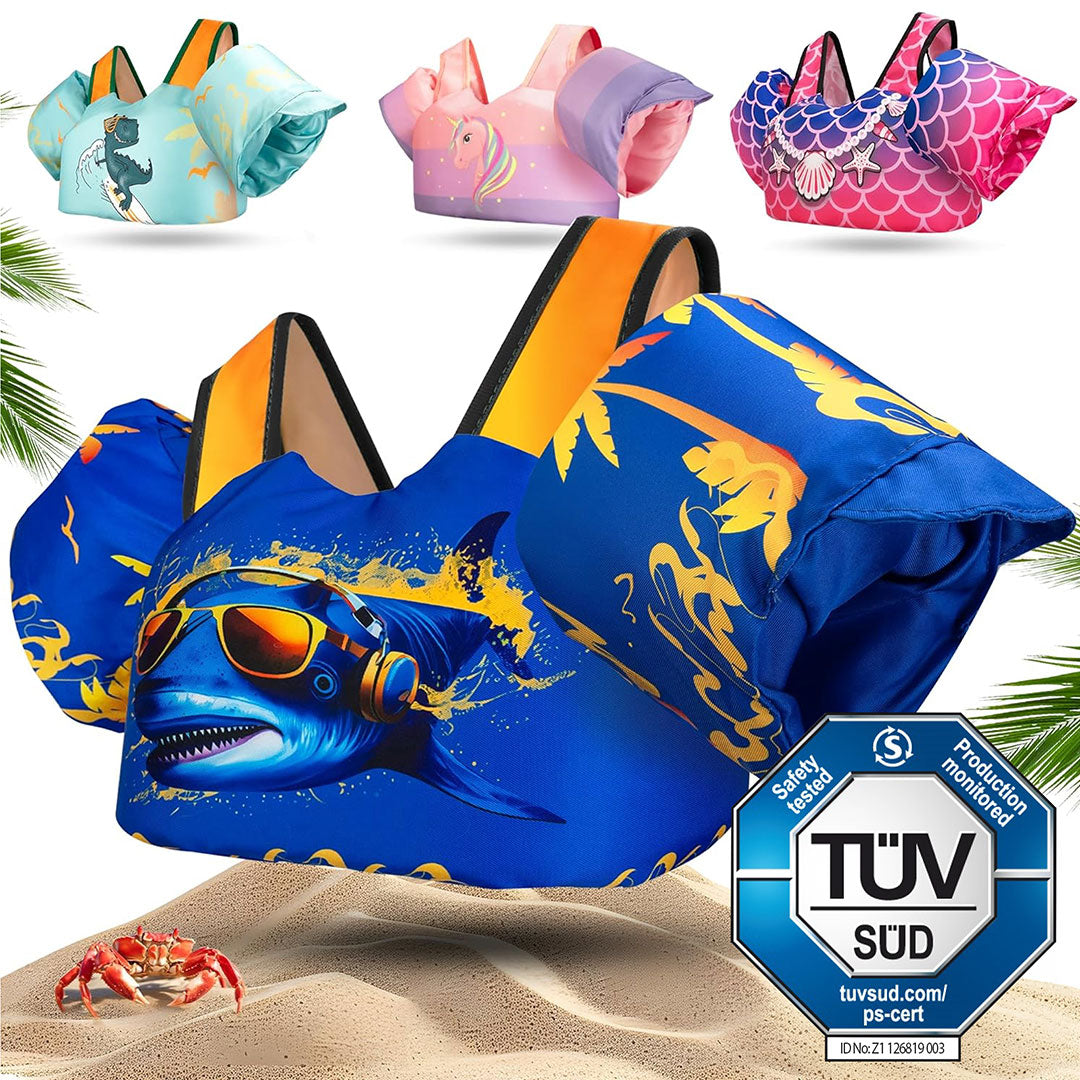 Schwimmweste mit Schwimmflügel für Kinder in Blau mit einem Hai Motiv