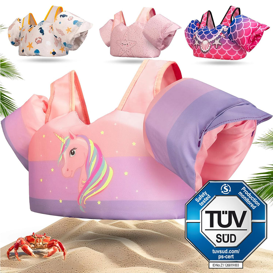 Kinder-Schwimmweste mit integrierten Schwimmflügeln in lila mit Einhorn Muster
