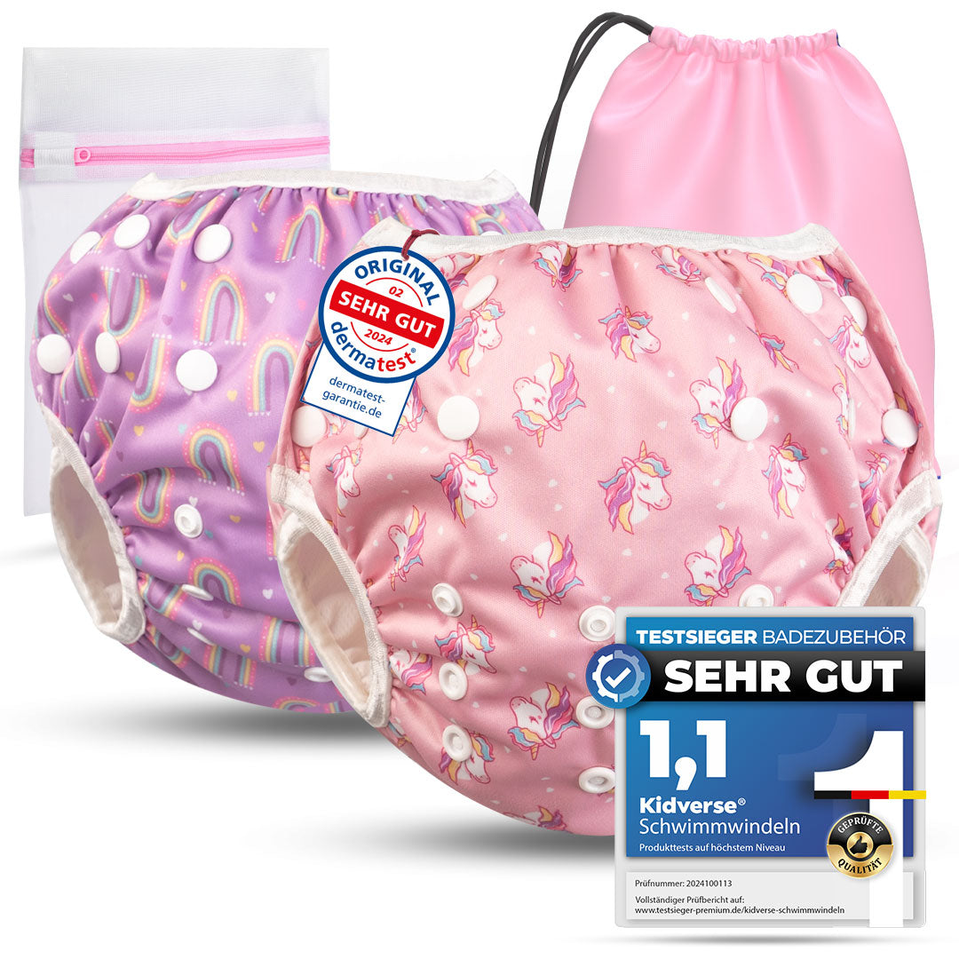 2er Set wiederverwendbare Baby Schwimmwindeln mit Druckknöpfen von 0-3 Jahre in Lila mit Regenbogen Muster und in pink mit Einhorn Muster
