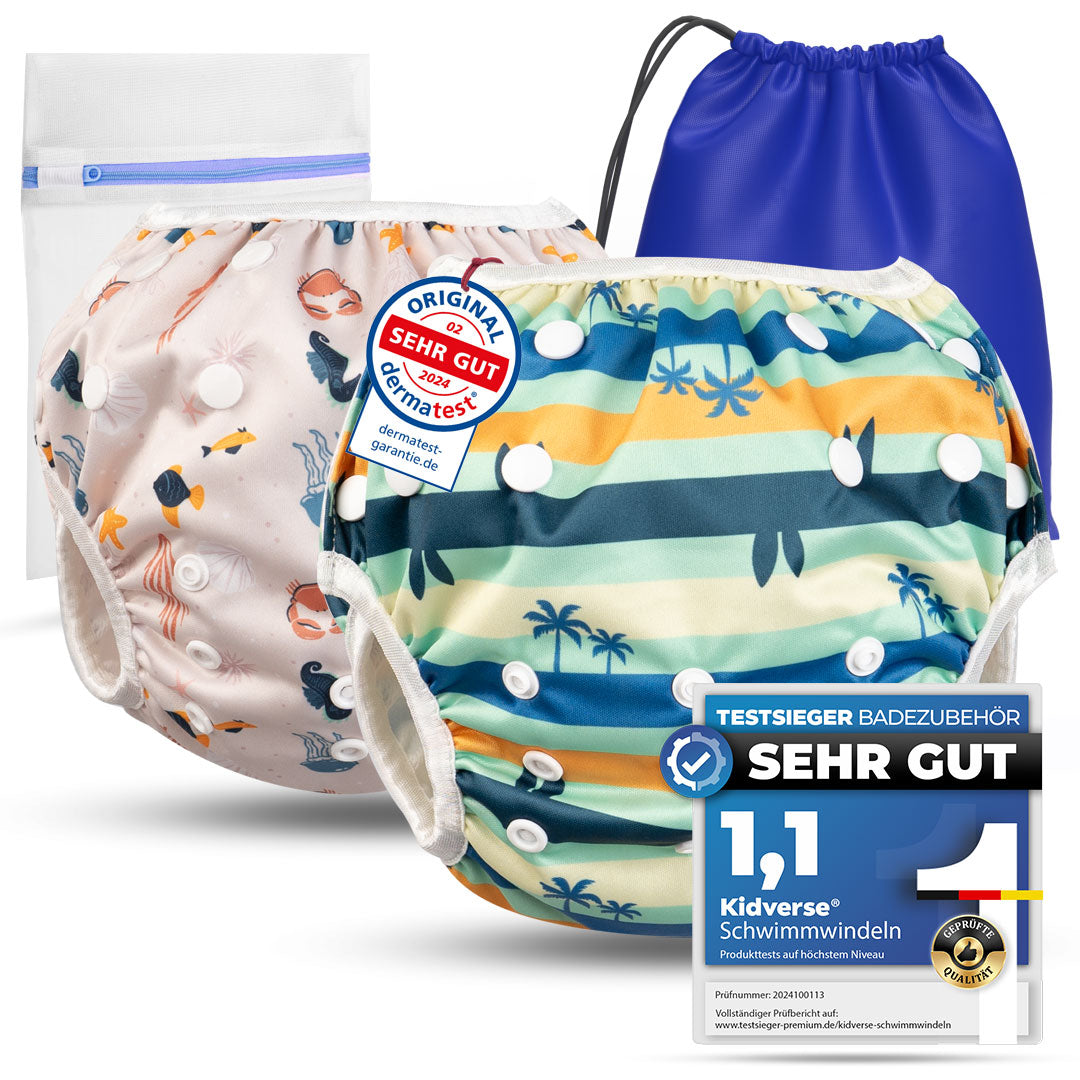 2er Set wiederverwendbare Baby Schwimmwindeln mit Druckknöpfen von 0-3 Jahre in beige mit Meerestier Muster und in Turqouise mit Palmen Muster
