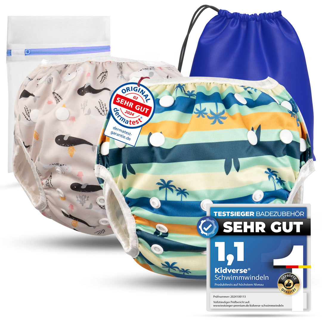 2er Set wiederverwendbare Baby Schwimmwindeln mit Druckknöpfen von 0-3 Jahre in beige mit Wal Muster und in turqouise mit Palmen Muster