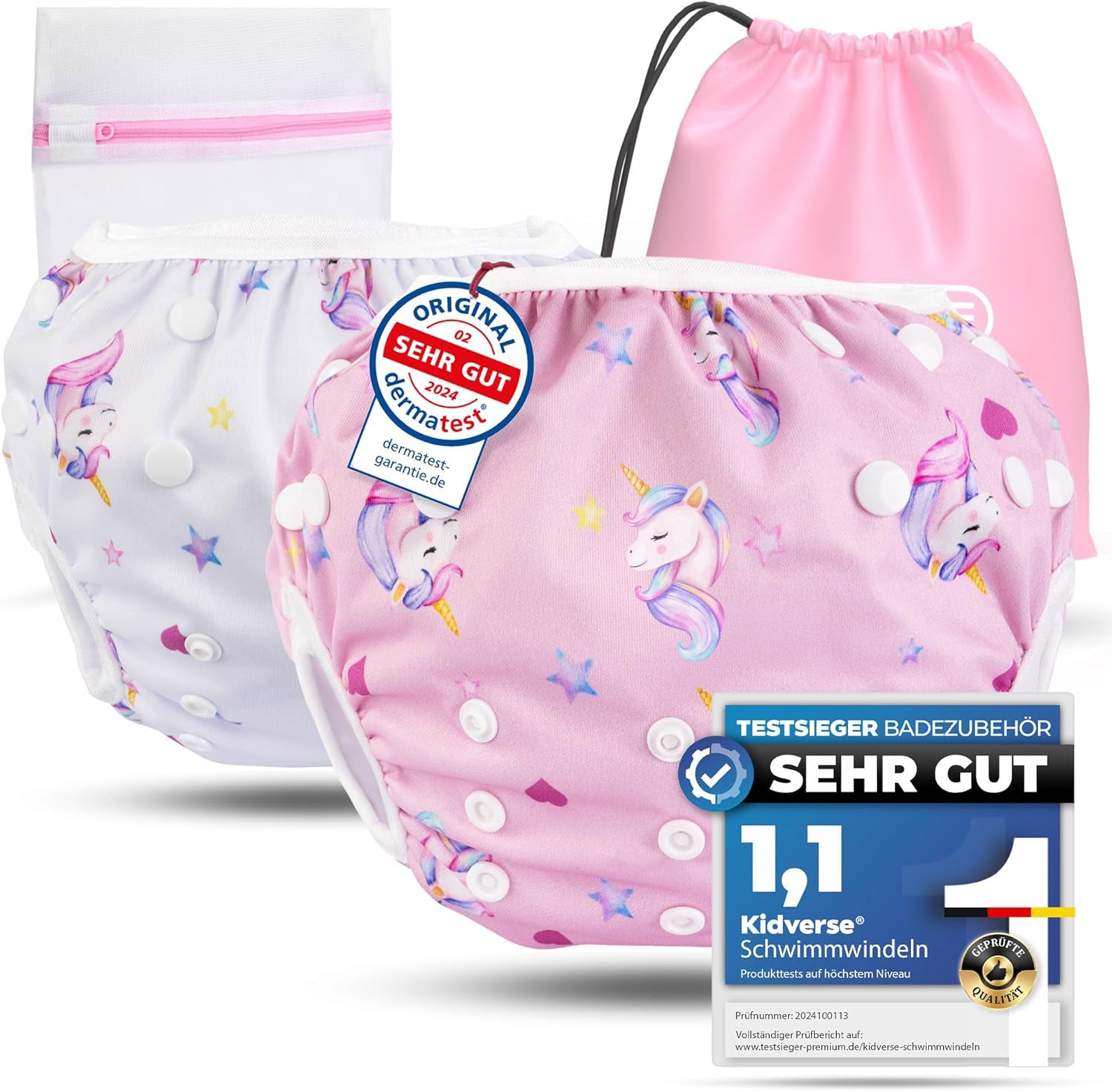 2er Set wiederverwendbare Baby Schwimmwindeln mit Druckknöpfen von 0-3 Jahre in weiß mit Einhorn Muster und in rosa mit Einhorn Muster