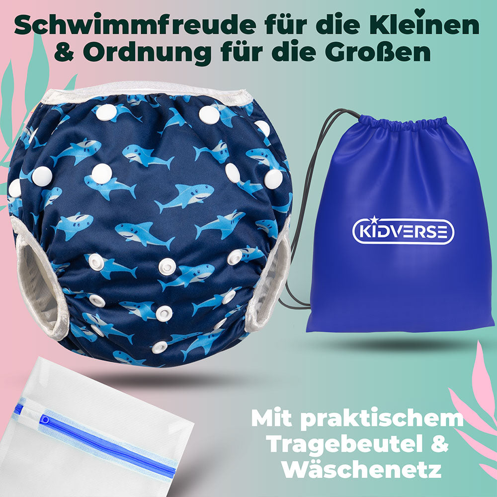 Baby Schwimmwindeln auf einem grünen Hintergrund mit dem Text: Schwimmfreude für die kleinen & Ordnung für die Großen mit praktischem Tragebeutel und Wäschenetz