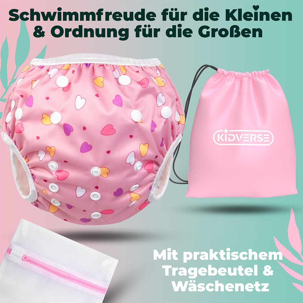 Baby Schwimmwindeln auf einem grünen Hintergrund mit dem Text: Schwimmfreude für die kleinen & Ordnung für die Großen mit praktischem Tragebeutel und Wäschenetz