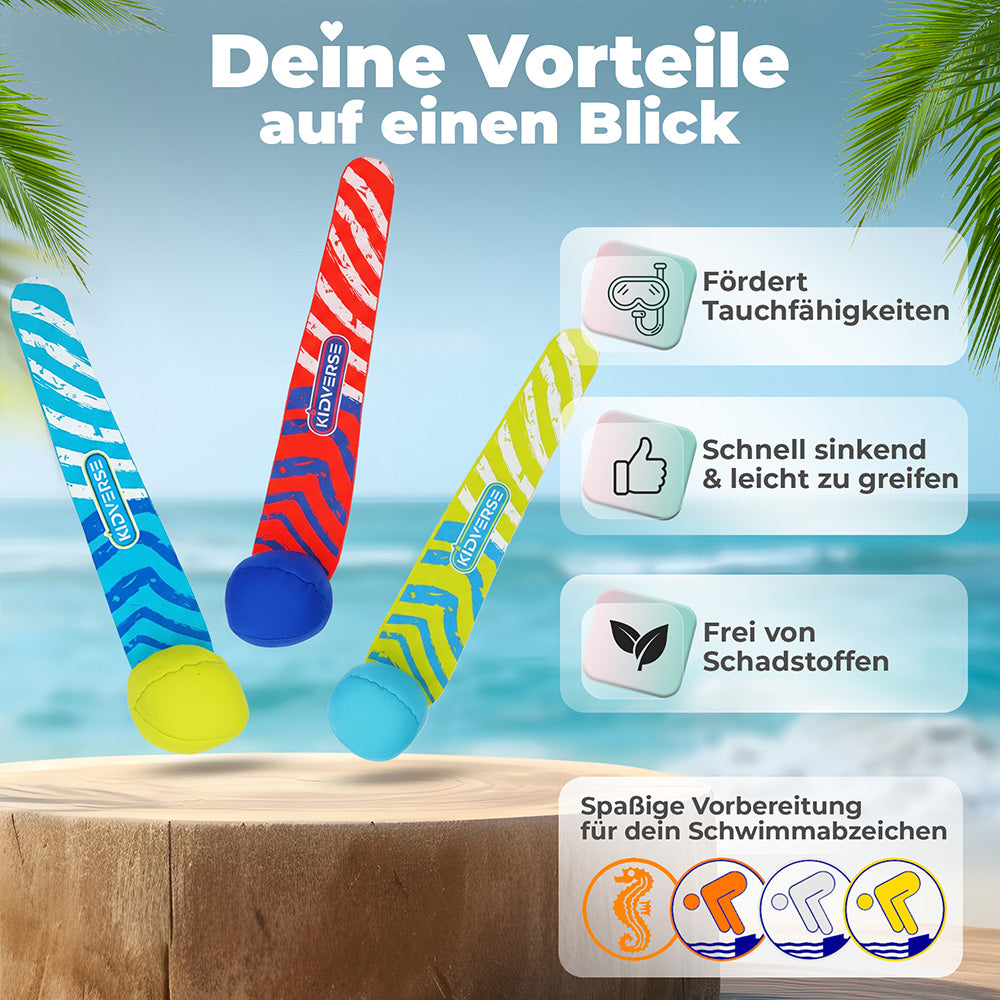 Tauchbälle für Kinder mit dem Text: Deine Vorteile auf einen Blick. Fördert Tauchfähigkeiten, Schnell sinkend & leicht zu greifen und Frei von Schadstoffen. Spaßige Vorbereitung für dein Schwimmabzeichen