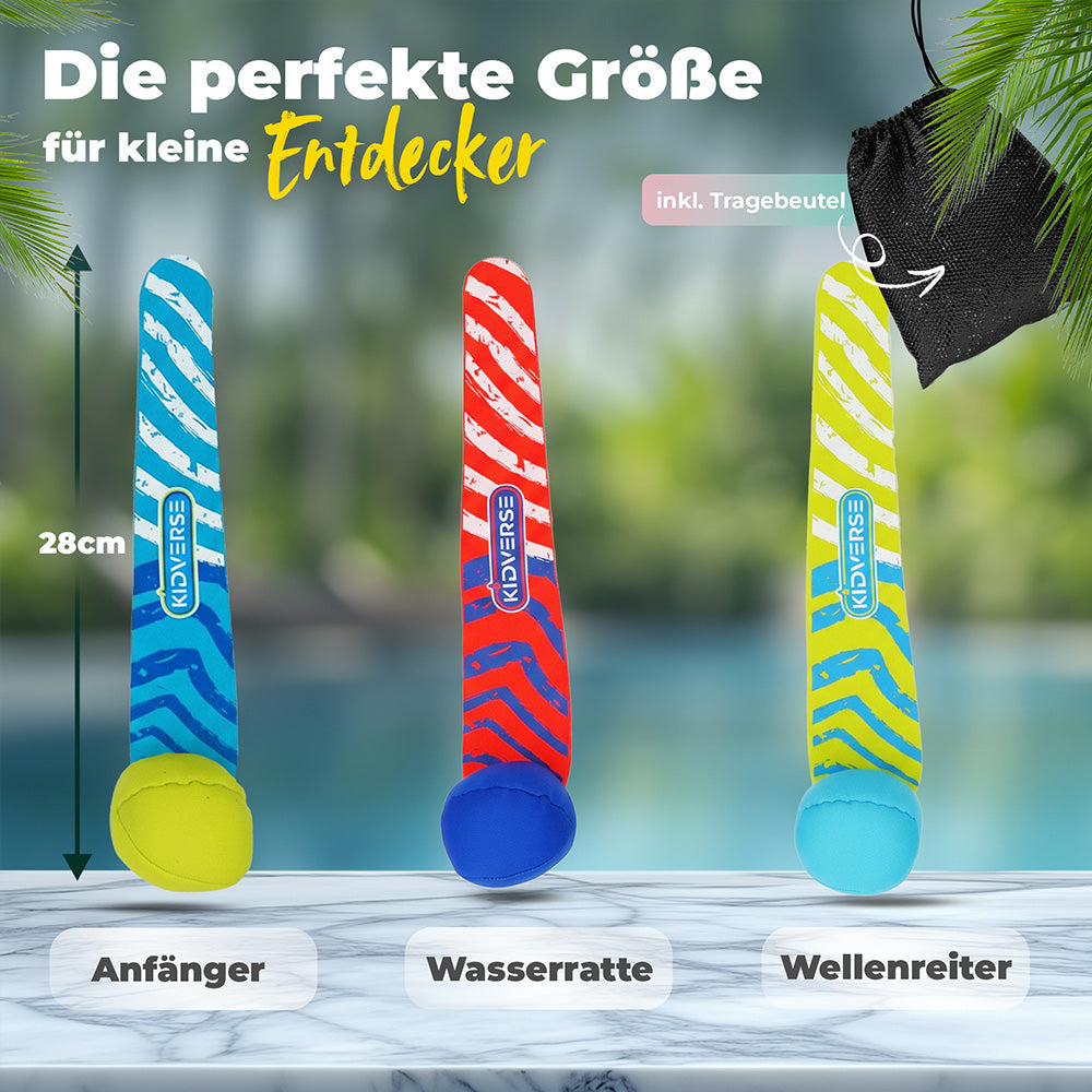 Größendarstellung der Tauchbälle für Kinder 28cm. Text: Die perfekte Größe für kleine Entdecker