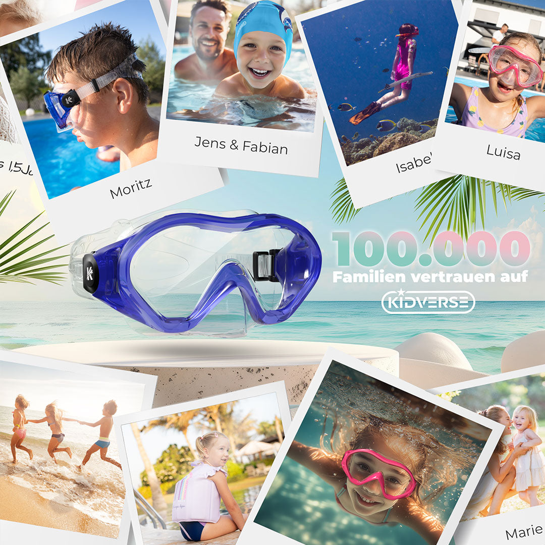 Abbildung der Kindertaucherbrille. Am Bildrand werden Bilder von glücklichen Momenten gezeigt mit der Kidverse Taucherbrille. 100000 Familien vertrauen auf Kidverse