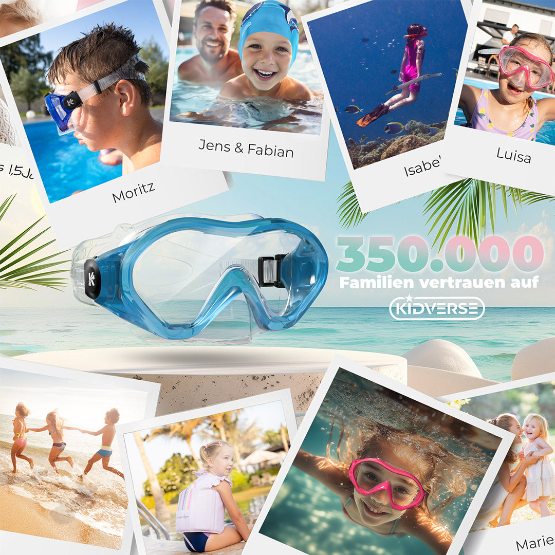 Abbildung der Kindertaucherbrille. Am Bildrand werden Bilder von glücklichen Momenten gezeigt mit der Kidverse Taucherbrille. 350000 Familien vertrauen auf Kidverse
