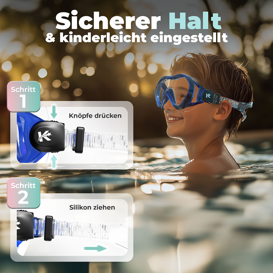 Kind steht im Wasser mit einer Kindertaucherbrille. Darüber ein Text Sicherer Halt & kinderleicht eingestellt. Schritt 1 Knöpfe drücken und Schritt 2 Silikon ziehen