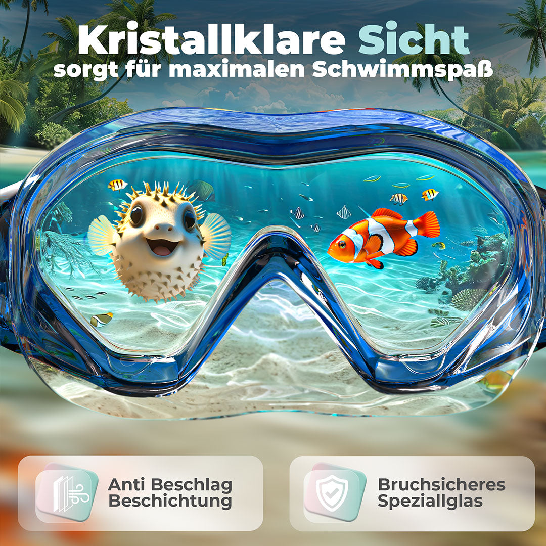 Die Sicht durch die Taucherbrille für Kinder. Text im Bild: Kristallklare Sicht sorgt für maximalen Schwimmspaß. Anti Beschlag Beschichtung und bruchsicheres Speziallglas