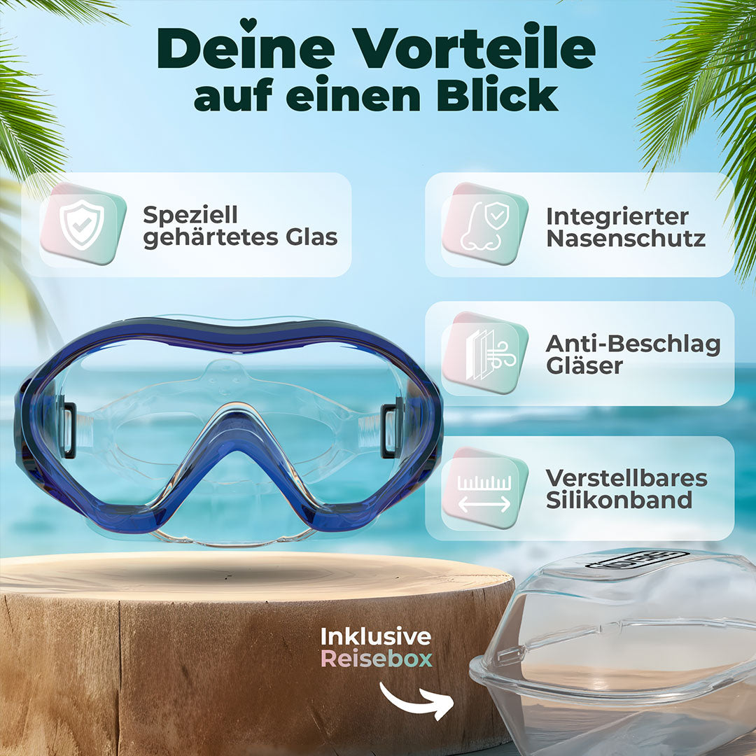 Kindertaucherbrille auf einem Holzstamm am Strand. Text: Deine Vorteile auf einen Blick. Speziell gehärtetes Glas, integrierter Nasenschutz, Anti-Beschlag Gläser und Verstellbares Silikonband