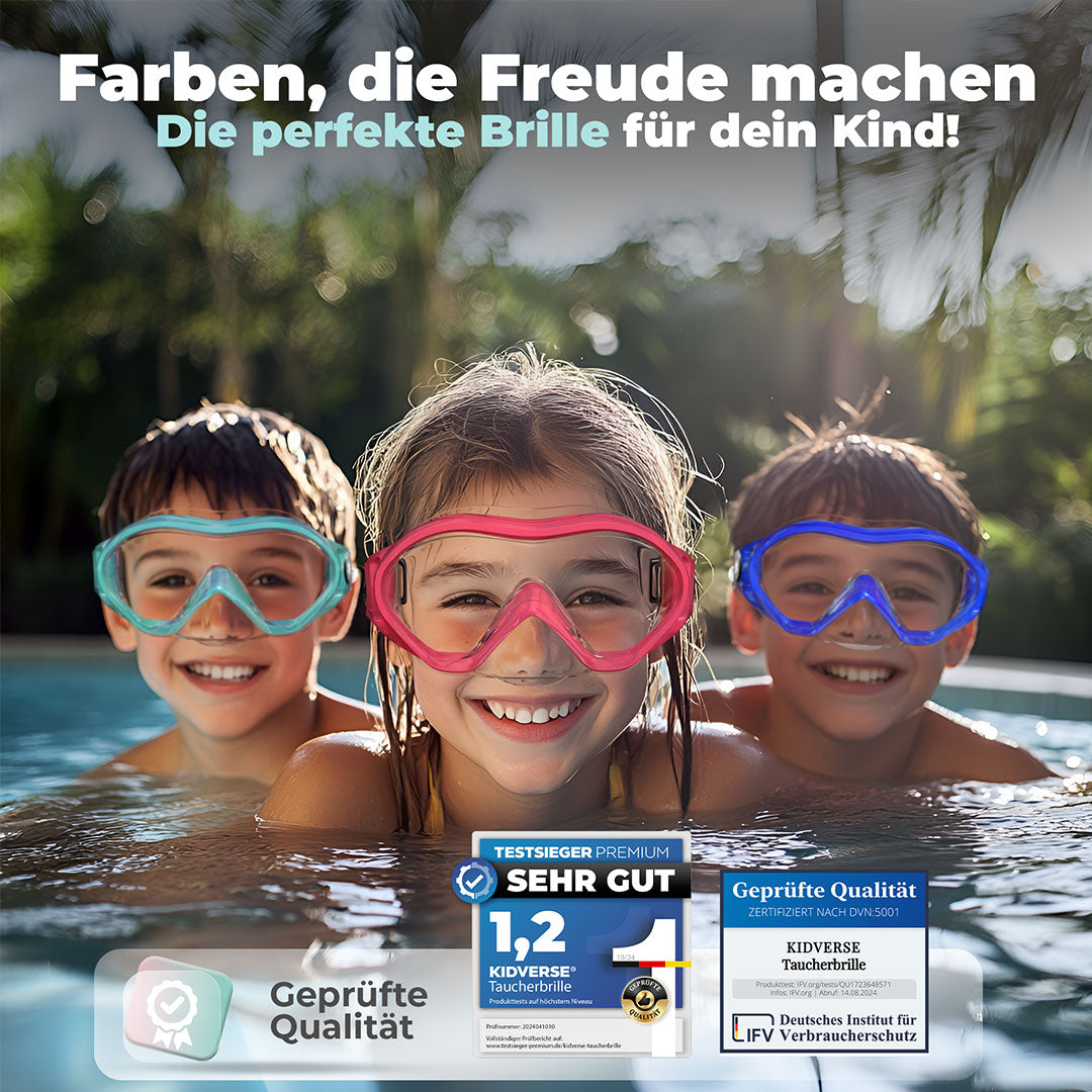Kinder im Pool mit allen Varianten der Taucherbrille und der Überschrift: Farben, die Freude machen, die perfekte Taucherbrille für dein Kind. Geprüfte Qualität