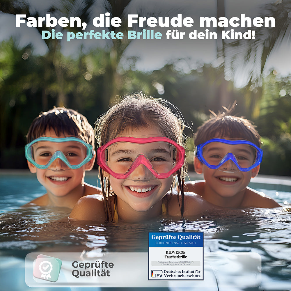 Kinder im Pool mit allen Varianten der Taucherbrille und der Überschrift: Farben, die Freude machen, die perfekte Taucherbrille für dein Kind. Geprüfte Qualität