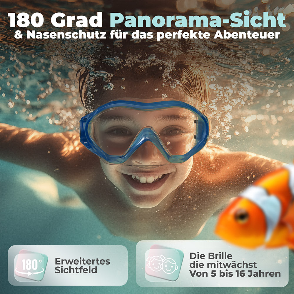Tauchendes Kind mit einer Taucherbrille. Text im Bild: 180° Panorama-Sicht & Nasenschutz für das perfekte Abenteuer. Erweitertes Sichtfeld und die Taucherbrille, die mitwächst von 5 bis 16 Jahren.