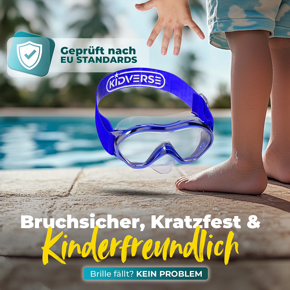 Fallende Kindertaucherbrille mit dem Text: Bruchsicher, Kratzfest & Kinderfreundlich, Brille fällt kein Problem. Geprüft nach EU Standards