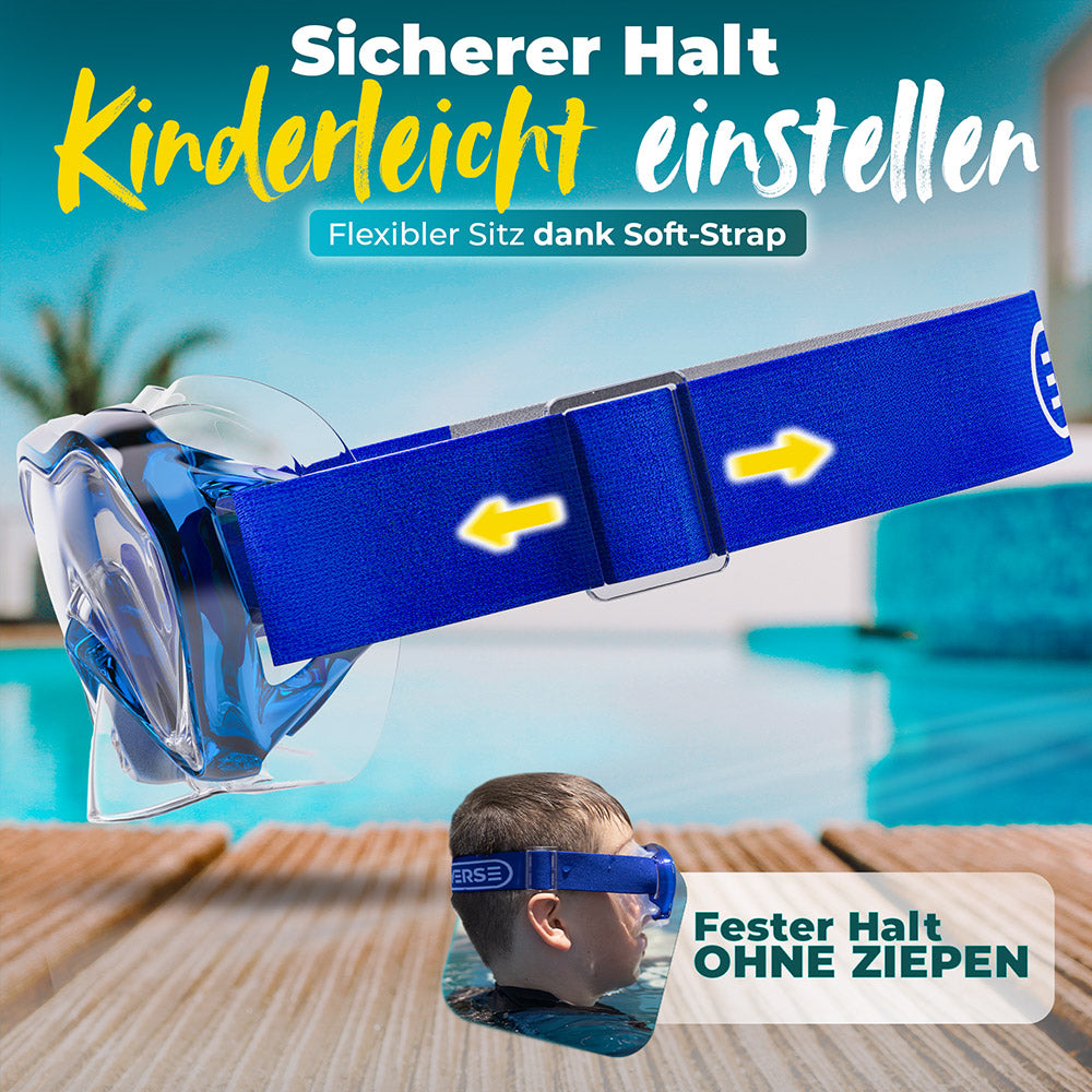 Taucherbrille mit Strapband von der Seite mit der Überschrift Sicherer Halt, Kinderleicht einstellen. Flexibler Sitz dank Soft-Strap