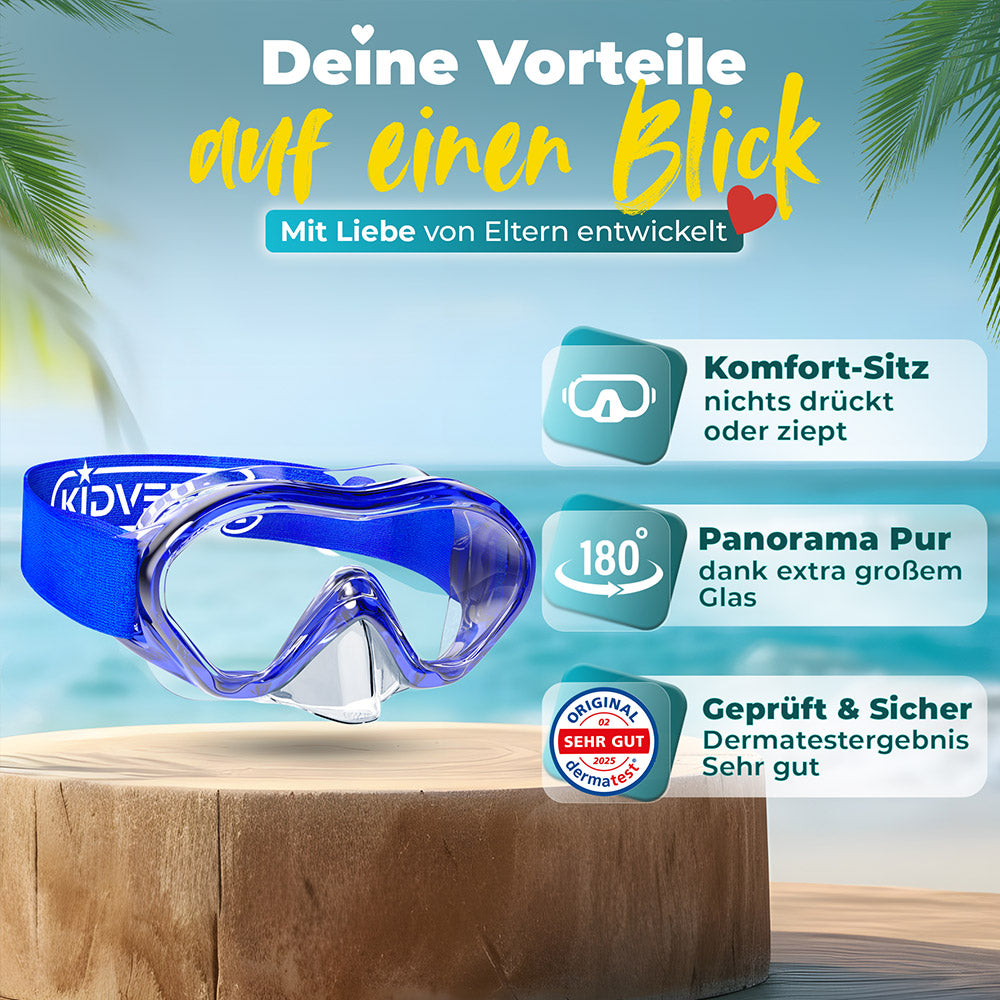 Deine Vorteile der Kindertaucherbrille mit Strapband auf einen Blick. Komfort Sitz, nicht drückt oder ziept. Panorama Pur, dank extra großem Glas. Geprüft & sicher, Dermatestergebnis Sehr Gut