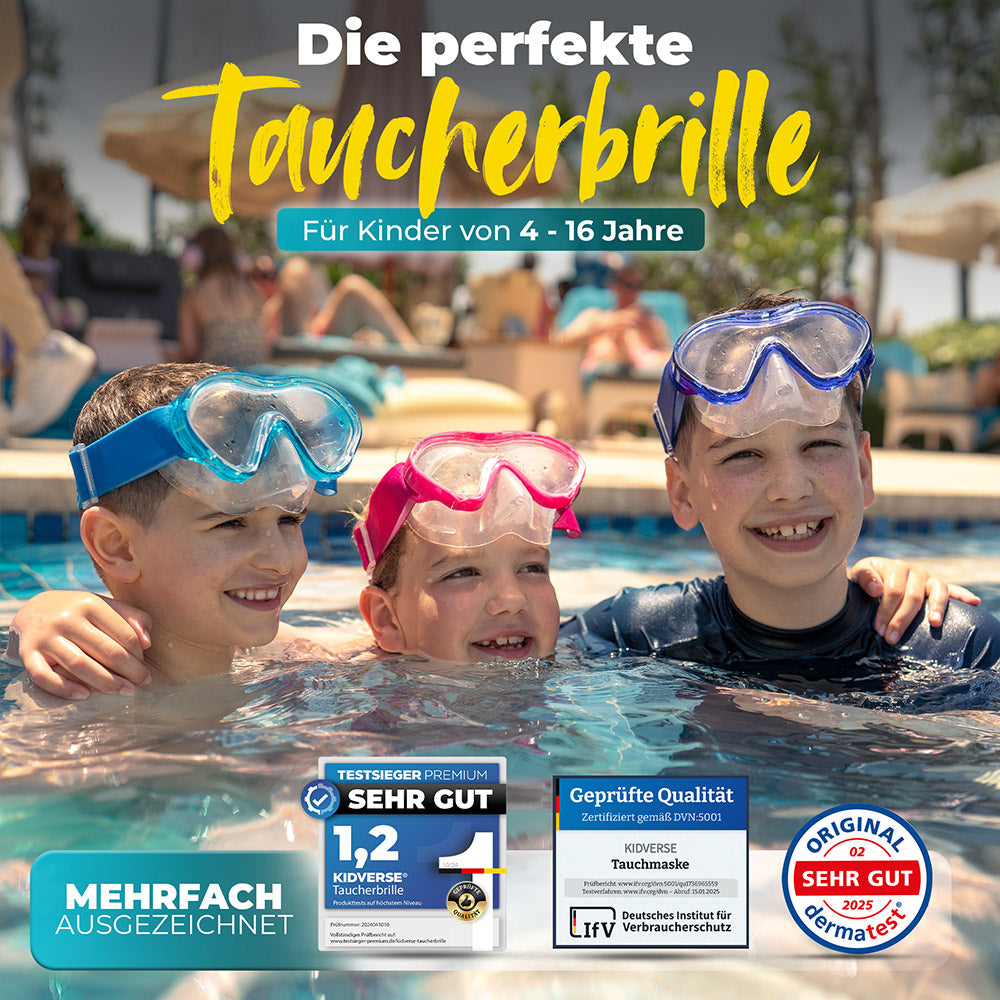 Kinder im Pool mit allen Varianten der Taucherbrille mit Strapband und der Überschrift: Die perfekte Taucherbrille für Kinder von 4 - 16 Jahre. Mehrfach ausgezeichnet