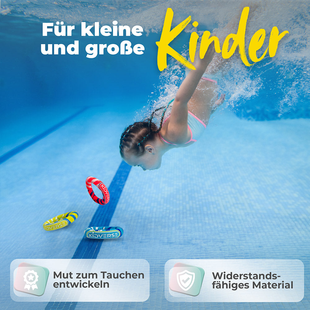 Kind taucht nach dem Tauchringen. Text: Für kleine und große Kinder. Mut zum Tauchen entwickeln und Widerstandsfähiges Material