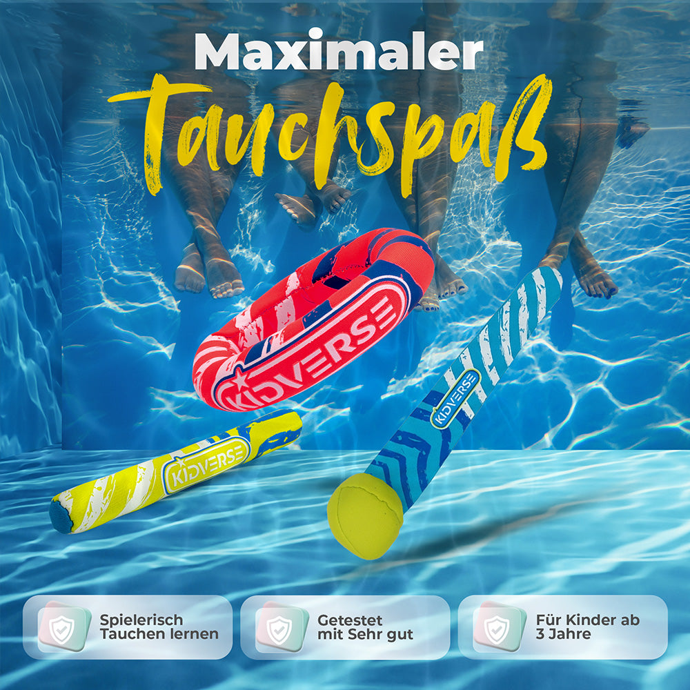 Tauchspielzeug 6er Set Unterwasser mit dem Text Maximaler Tauchspaß. Spielerisch Tauchen lernen, getestet mit sehr gut und für Kinder ab 3 Jahre
