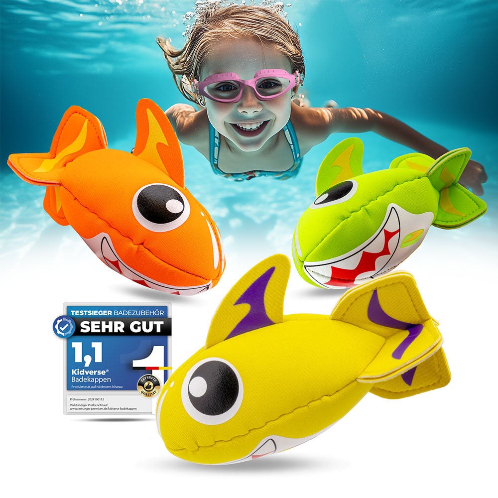 Tauchspielzeug für Kinder in der Form einer Tauchrakete in Gelb, Orange und Grün