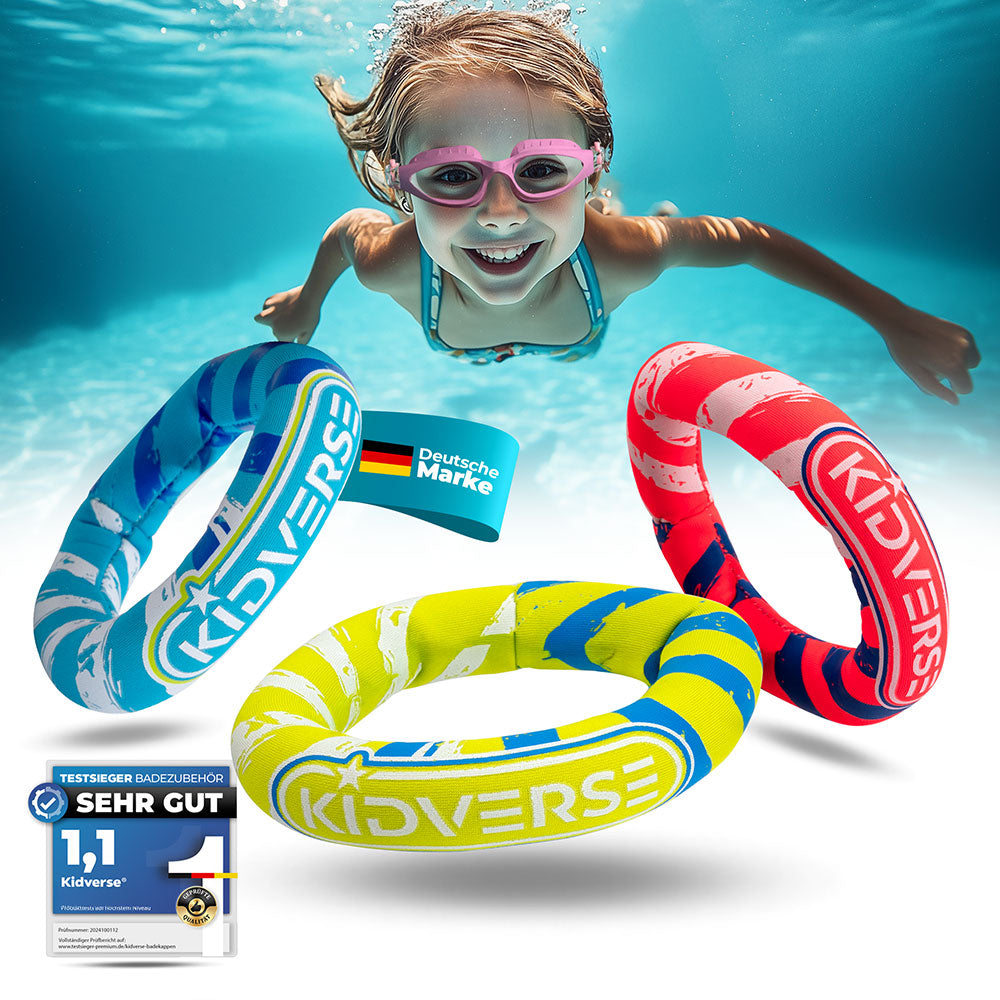 Tauchringe für Kinder in den Farben Blau, Gelb und Rot