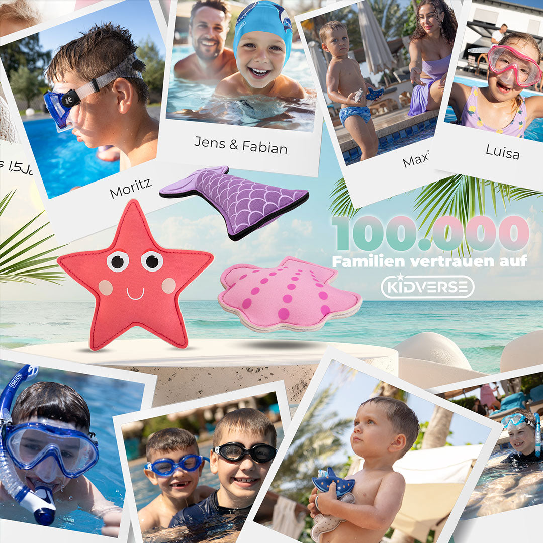 Abbildung des Tauchspielzeugs Seestern, Muschel und Meerjungfrauenflosse mit Bildern in Aktion. Text: 100000 Familien vertrauen auf Kidverse