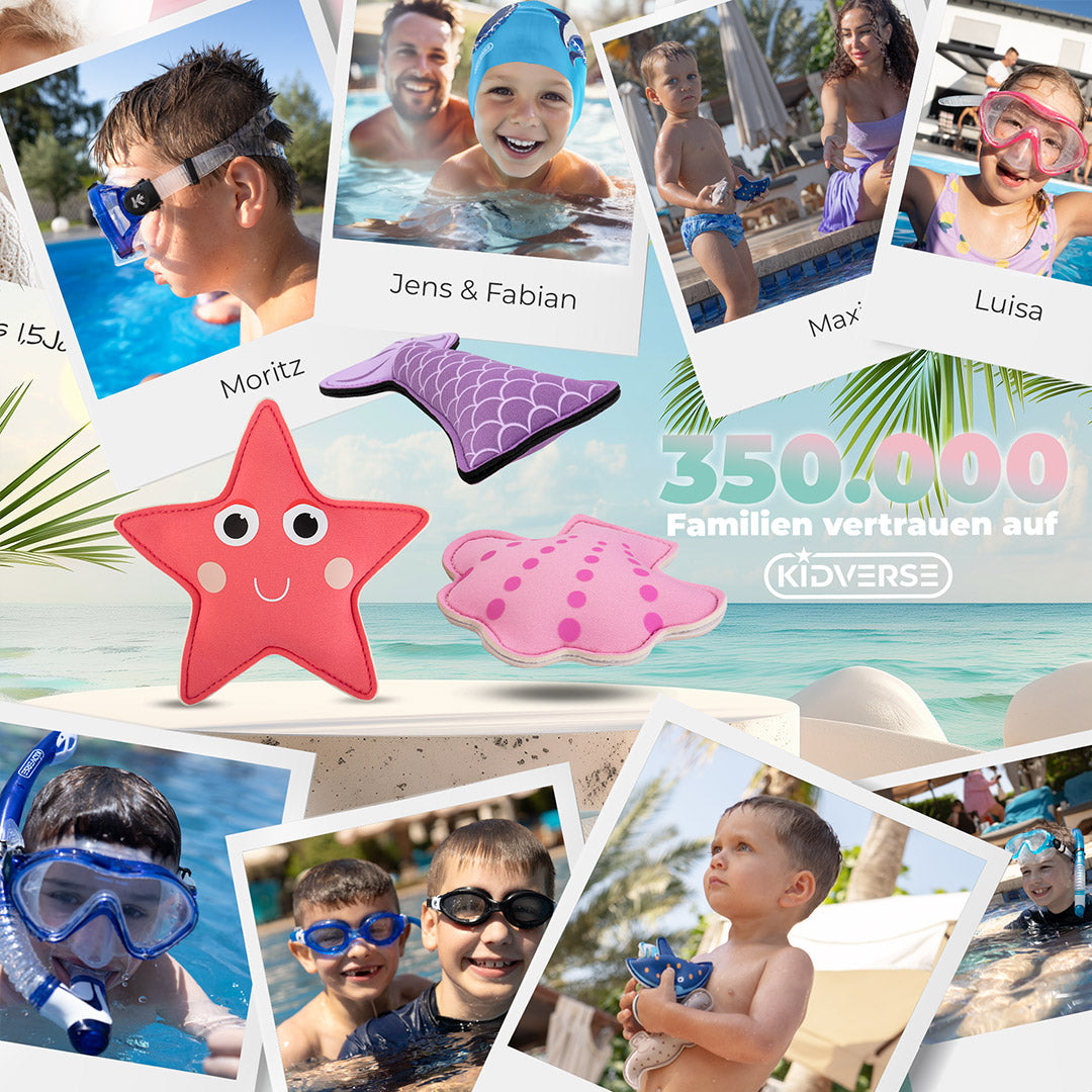 Abbildung des Tauchspielzeugs Seestern, Muschel und Meerjungfrauenflosse mit Bildern in Aktion. Text: 350000 Familien vertrauen auf Kidverse