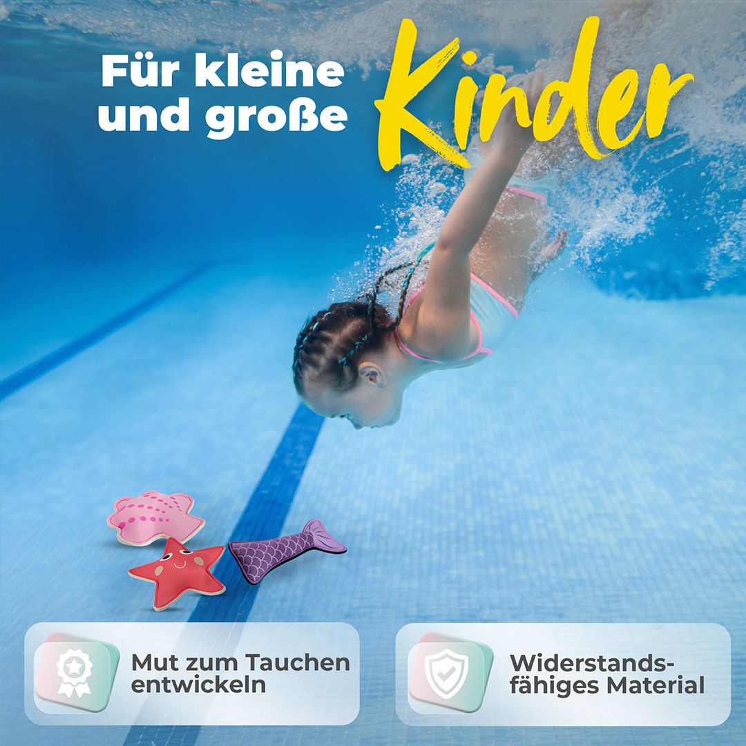 Kind taucht nach dem Tauchspielzeug. Text: Für kleine und große Kinder. Mut zum Tauchen entwickeln und Widerstandsfähiges Material