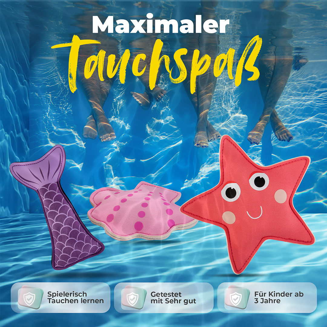 Tauchspielzeug Unterwasser mit dem Text Maximaler Tauchspaß. Spielerisch Tauchen lernen, getestet mit sehr gut und für Kinder ab 3 Jahre