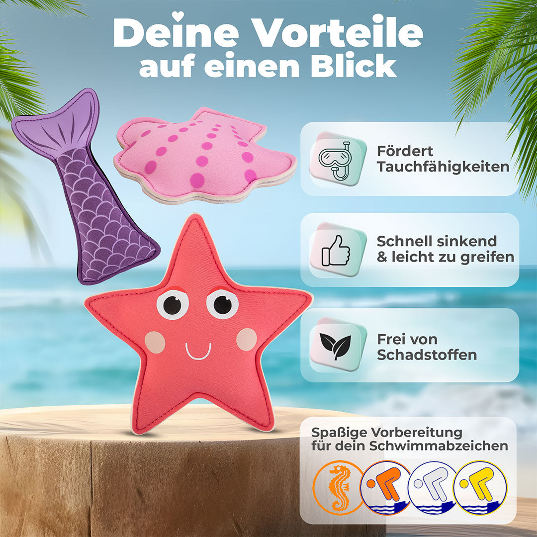 Tauchspielzeug Seestern, Muschel und Meerjungfrauen Flosse mit dem Text: Deine Vorteile auf einen Blick. Fördert Tauchfähigkeiten, Schnell sinkend & leicht zu greifen und Frei von Schadstoffen. Spaßige Vorbereitung für dein Schwimmabzeichen