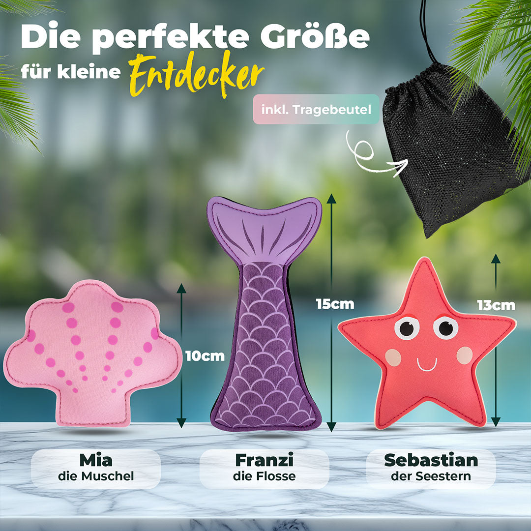 Größendarstellung der Muschel 10cm, der Flosse 15cm und des Seesterns 13cm. Text: Die perfekte Größe für kleine Entdecker