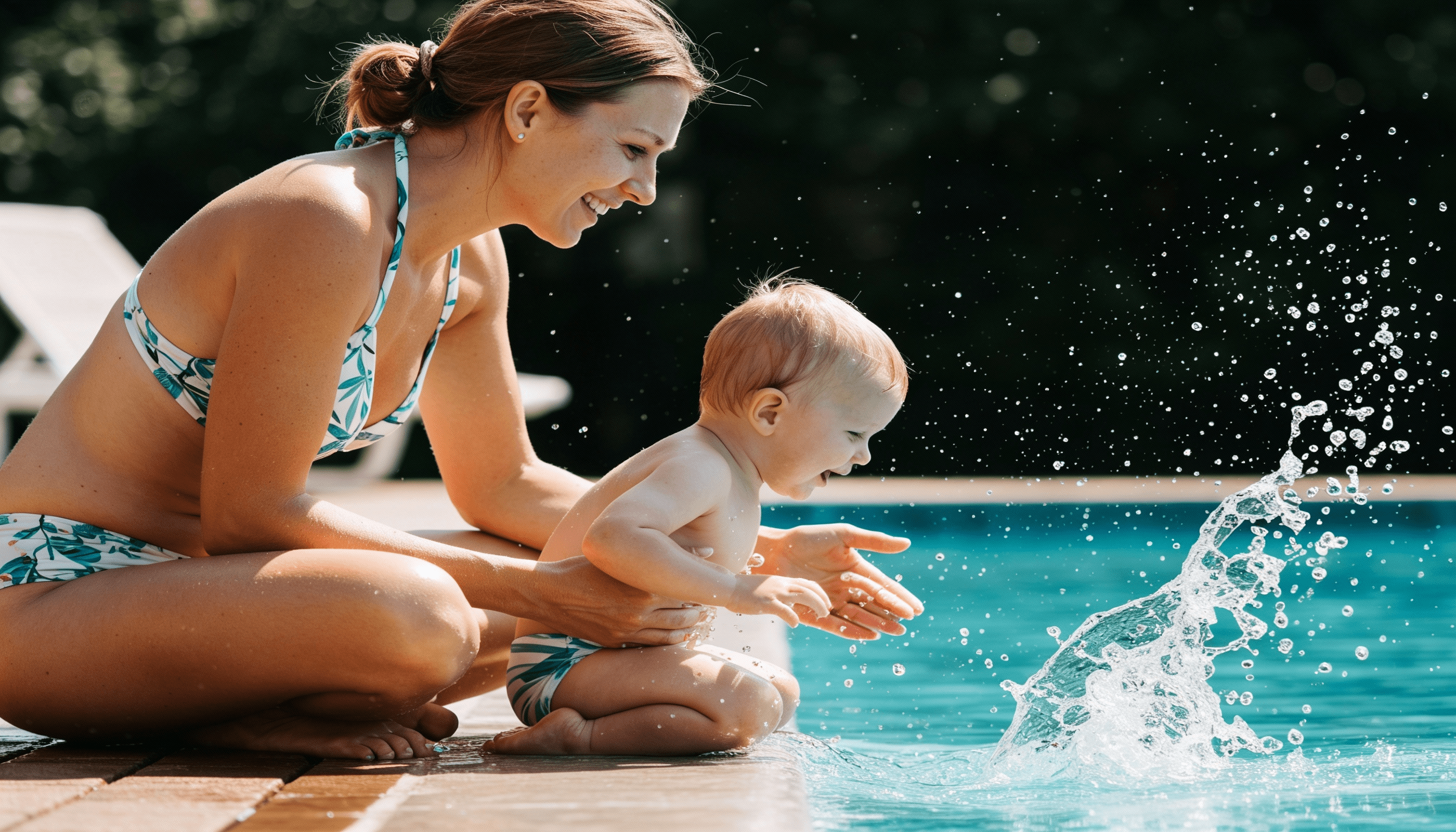 Baby sitzt am Poolrand und spielt mit Wasser, während eine erwachsene Bezugsperson es lächelnd unterstützt.