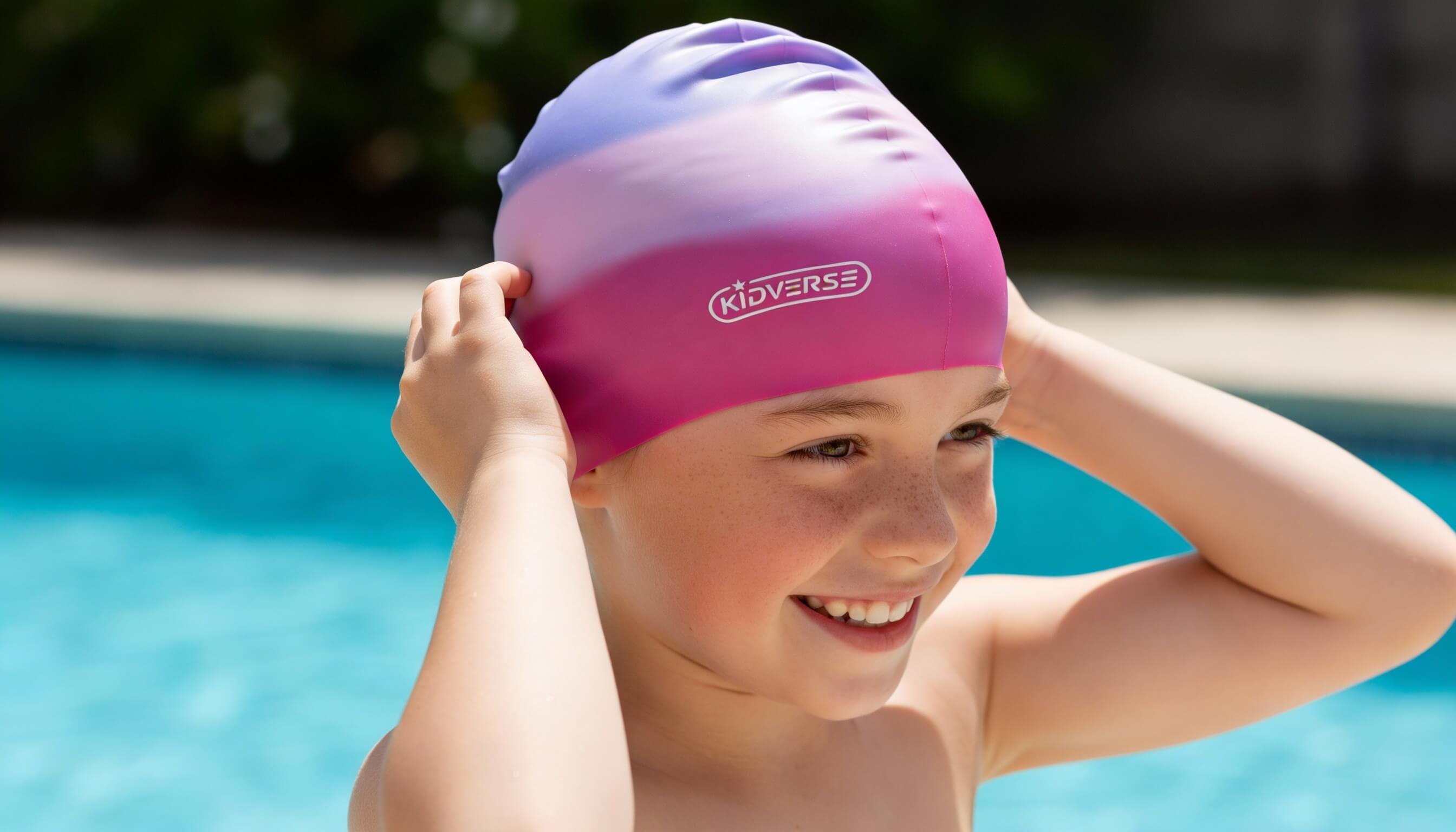Lächelndes Kind setzt eine rosa-lila Schwimmkappe von Kidverse am Pool auf.