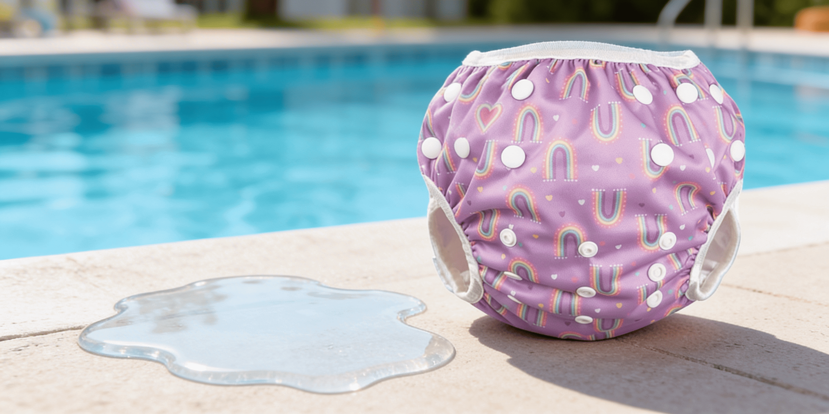 Gemusterte Badekappe für Kinder auf dem Beckenrand, im Hintergrund unscharf ein Swimmingpool.