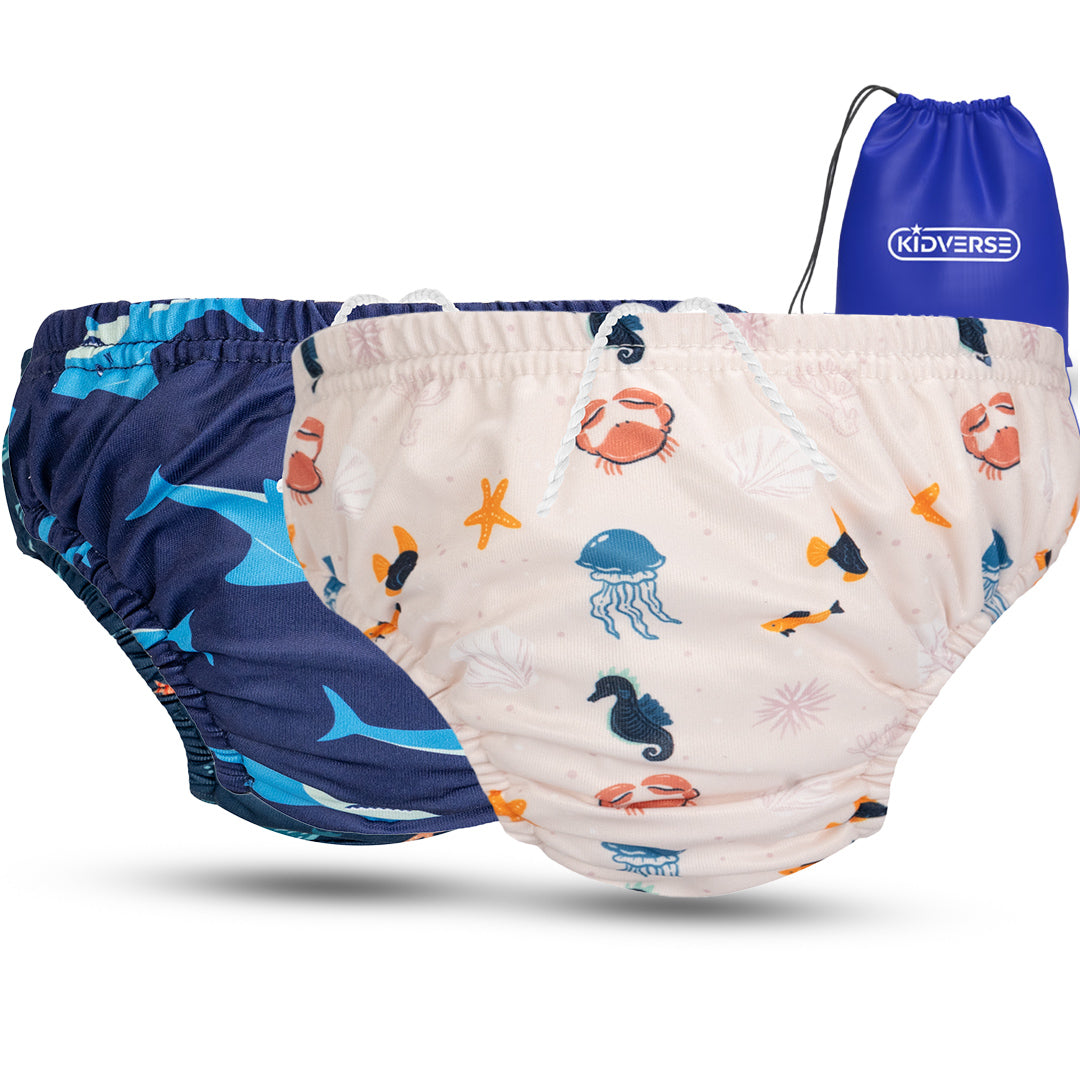2er Set Wiederverwendbare Baby Schwimmwindel mit Gummibund 0-24 Monate in blau mit Hai Muster und in beige mit Meerestier Muster