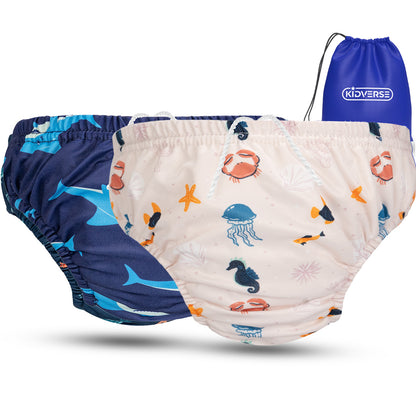 2er Set Wiederverwendbare Baby Schwimmwindel mit Gummibund 0-24 Monate in blau mit Hai Muster und in beige mit Meerestier Muster