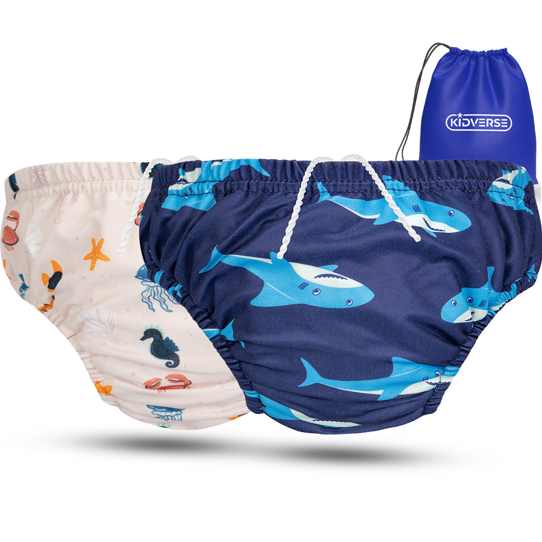2er Set Wiederverwendbare Baby Schwimmwindel mit Gummibund 0-24 Monate in blau mit Hai Muster und in beige mit Meerestier Muster